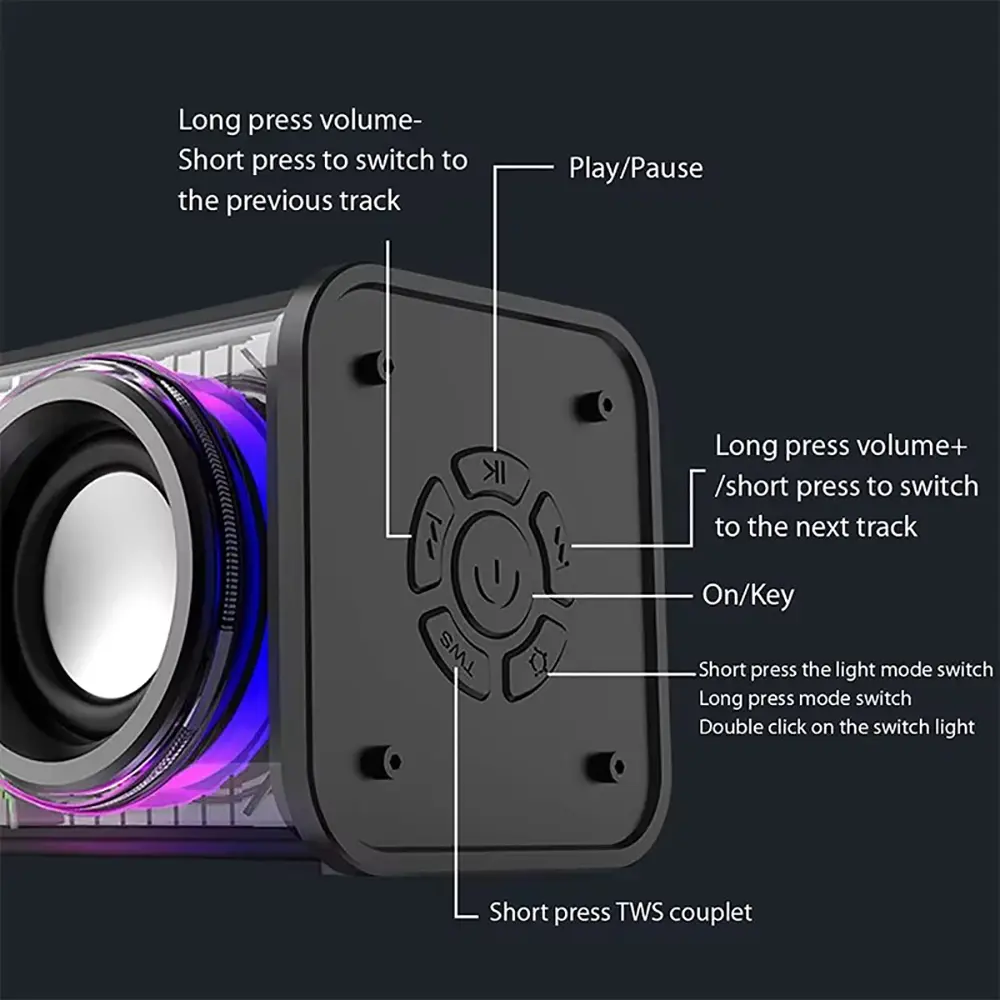 Bluetooth 5.0 Dual Speakers 1800mAh Transparent Mecha Speakers Wireless RGB Light Effect Loudspeaker Bass Subwoofer Mini Speaker