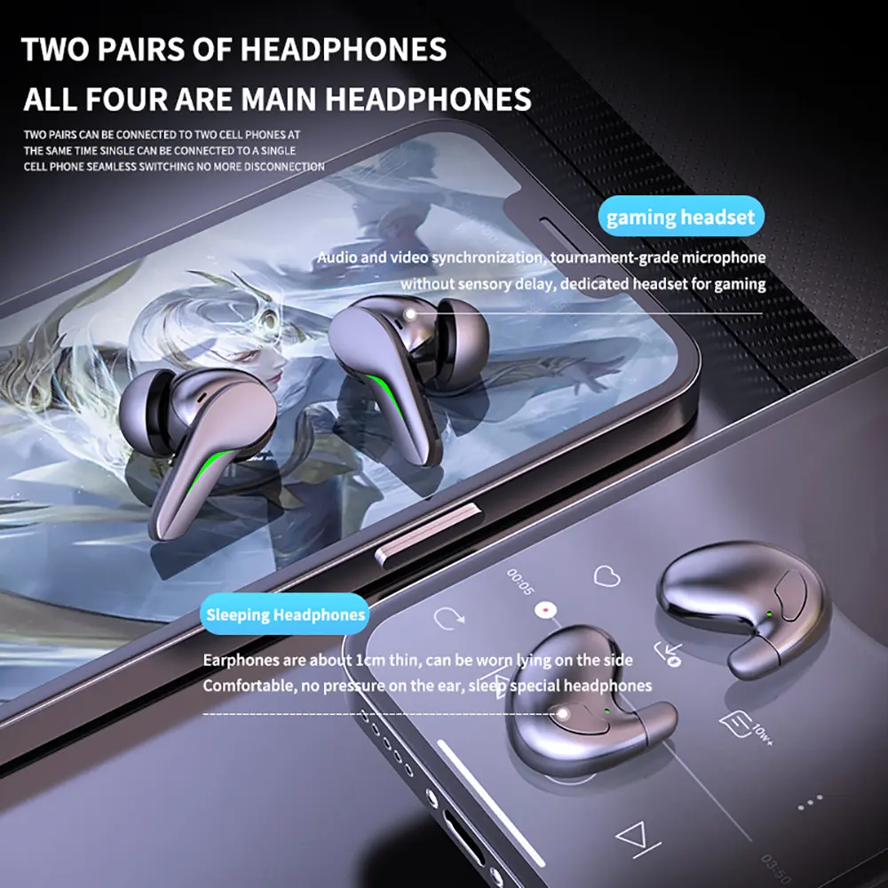 Two Pairs of Headphones Bluetooth 5.3 Gaming Headsets+ Wireless Mini Sleep Earphones HiFi Stereo Sports Noise Reduction Earbuds