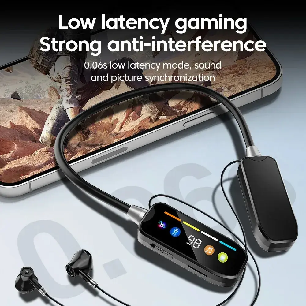Neckband Earphones HD Screen Bluetooth 5.4 Headphones TWS Wireless Headsets HiFi Stereo Waterproof Earbuds Support TF Card