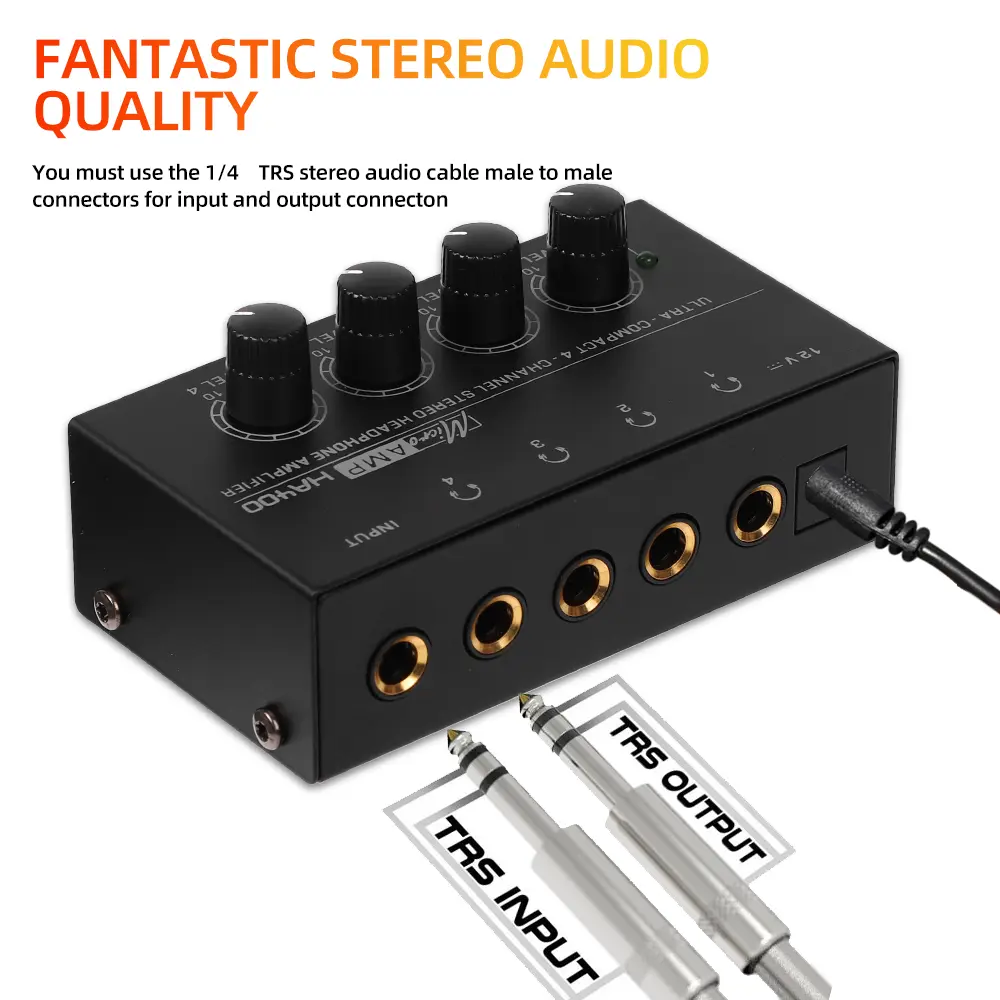 Headphone Amplifier Ultra-Compact Stereo Earphone Amplifier Audio Amplifier 4 Channels for Music 6.35MM Jack with Volume Control
