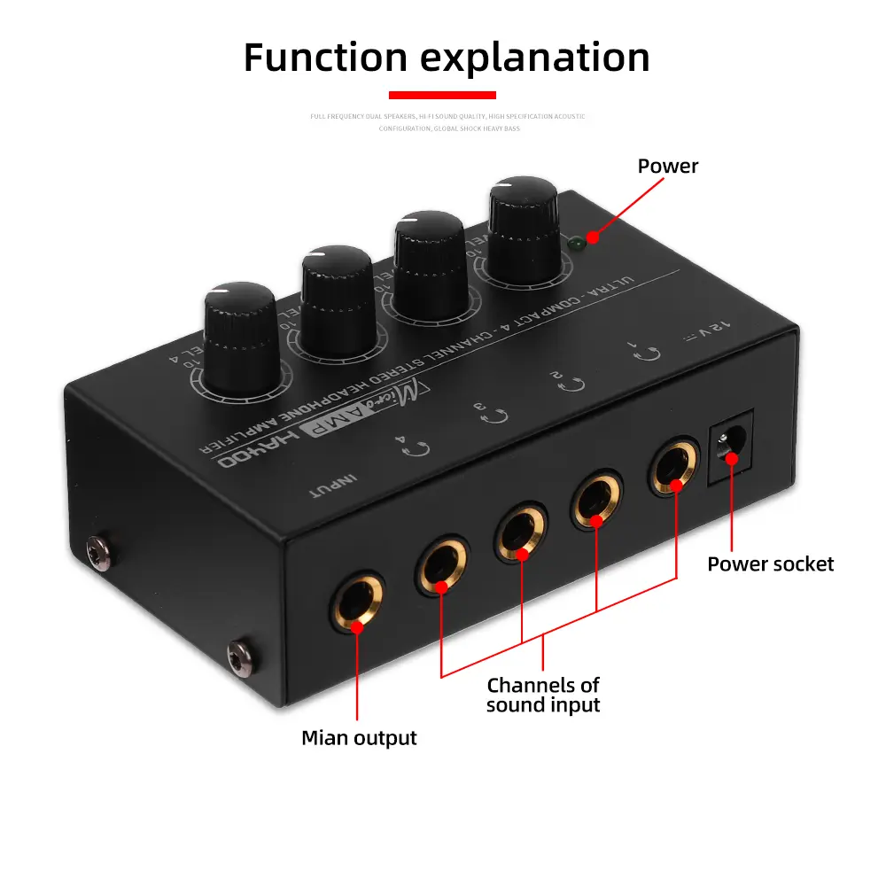 Headphone Amplifier Ultra-Compact Stereo Earphone Amplifier Audio Amplifier 4 Channels for Music 6.35MM Jack with Volume Control