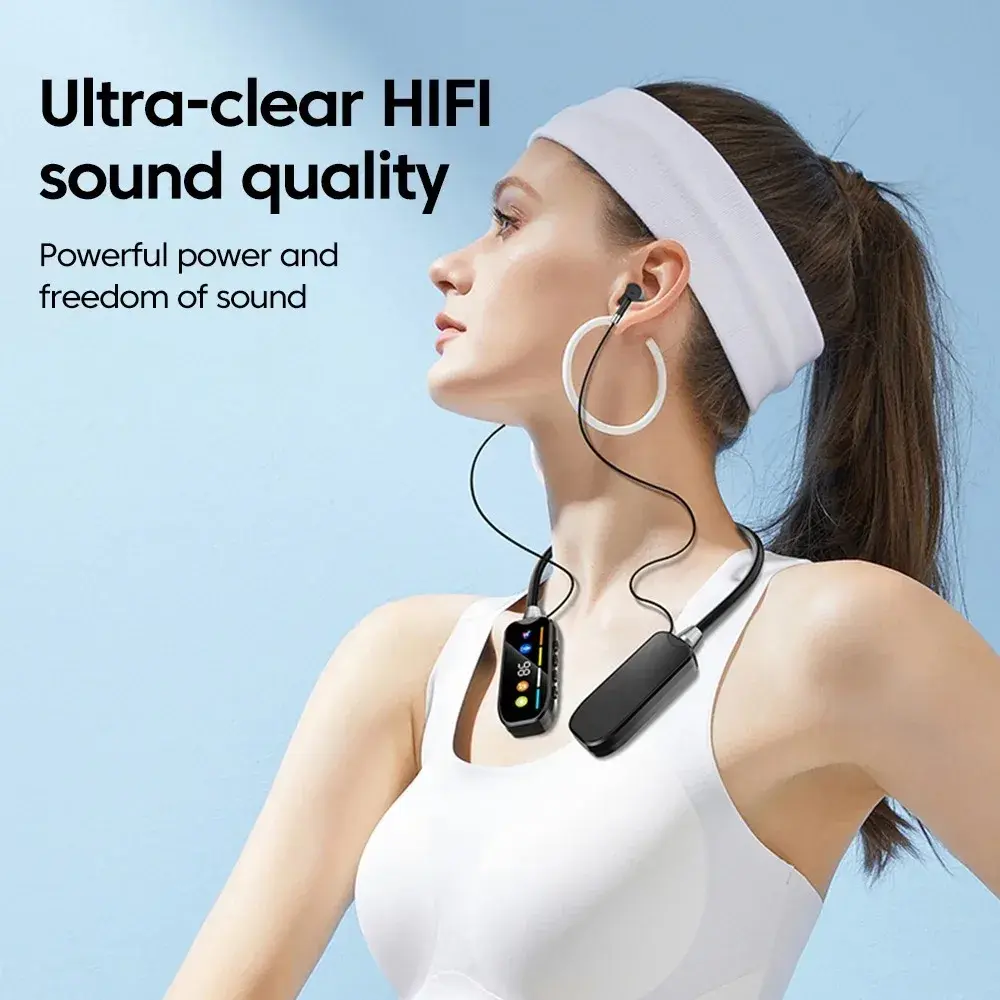 HD Screen Bluetooth 5.4 Headphones Neckband Earphones TWS Wireless Headsets HiFi Stereo Waterproof Earbuds Support TF Card