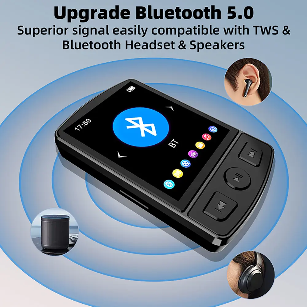 Bluetooth 5.0 MP3 Player Wireless MP4 Player Built-in Speaker Portable Stereo Music Player Support FM Radio E-Book Recording