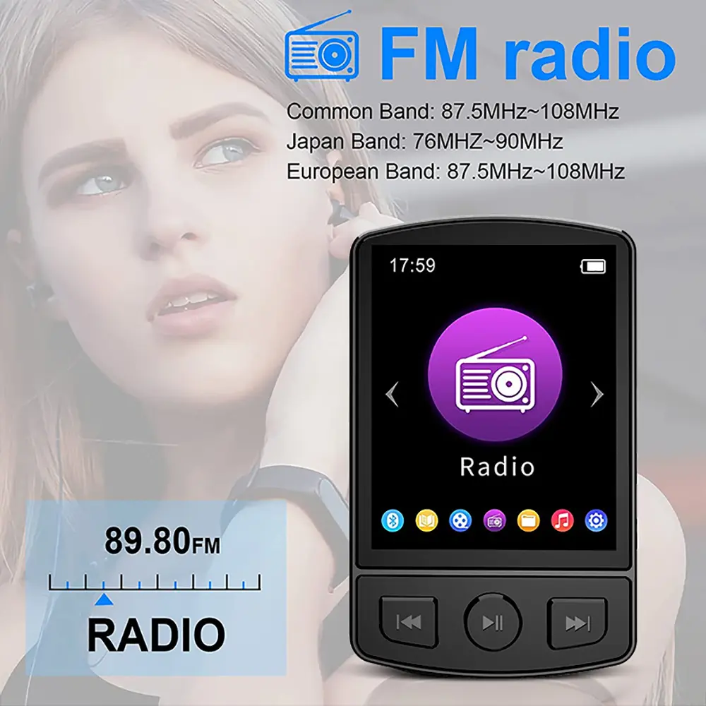 Bluetooth 5.0 MP3 Player Wireless MP4 Player Built-in Speaker Portable Stereo Music Player Support FM Radio E-Book Recording