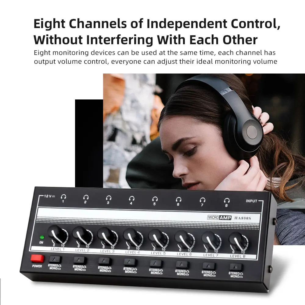Headphone Amplifier 8 Channels Mini Amplifier with Stereo/Mono Switch Ultra-Compact Stereo Audio Amplifier Home Amplifier AMP