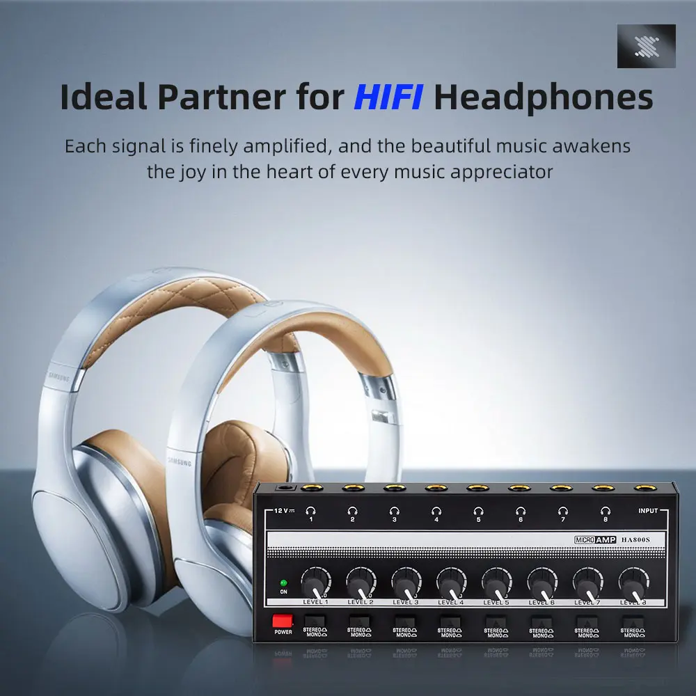 8 Channels Headphone Amplifier Mini Amplifier with Stereo/Mono Switch Professional Ultra-Compact HiFi Stereo Audio Amplifier