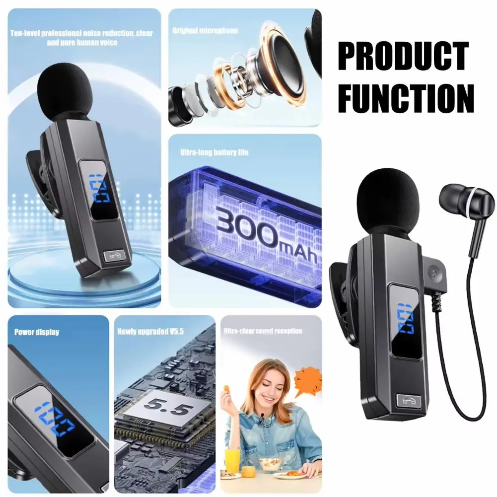 Bluetooth 5.5 Headphones with Collar-clip Microphone Earbuds Calling Noise Canceling Wireless Earphones HiFi Stereo Headsets