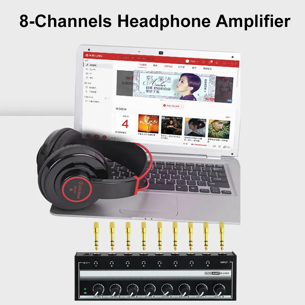 Headphone Amplifier 8 Channels Stereo Audio Amplifier AMP Ultra-Compact Portable Mini Amplifier with Rotary Button 6.35mm Jack