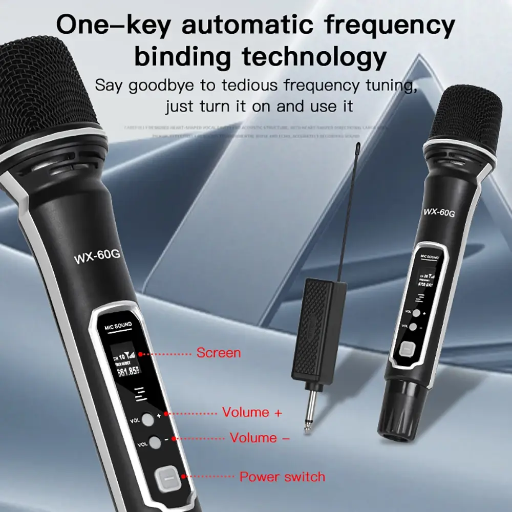 Wireless Microphone Handheld Microphones 2 Channels Karaoke Microphones Mic Support Volume Adjustment for Live KTV Wedding Party