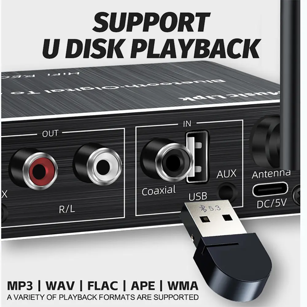 Bluetooth 5.4 Audio Receiver+Coaxial DAC Converter+USB U-Disk Play+6.5 Micrphone Karaoke Wireless Adapter 3.5MM AUX RCA Adapter