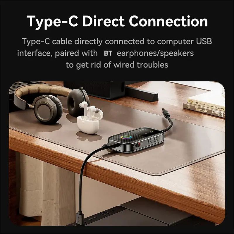 Bluetooth Transmitter Receiver 2-in-1 Wireless Adapter Dual Device Connection with RGB Effect For Car Headphones Amplifier