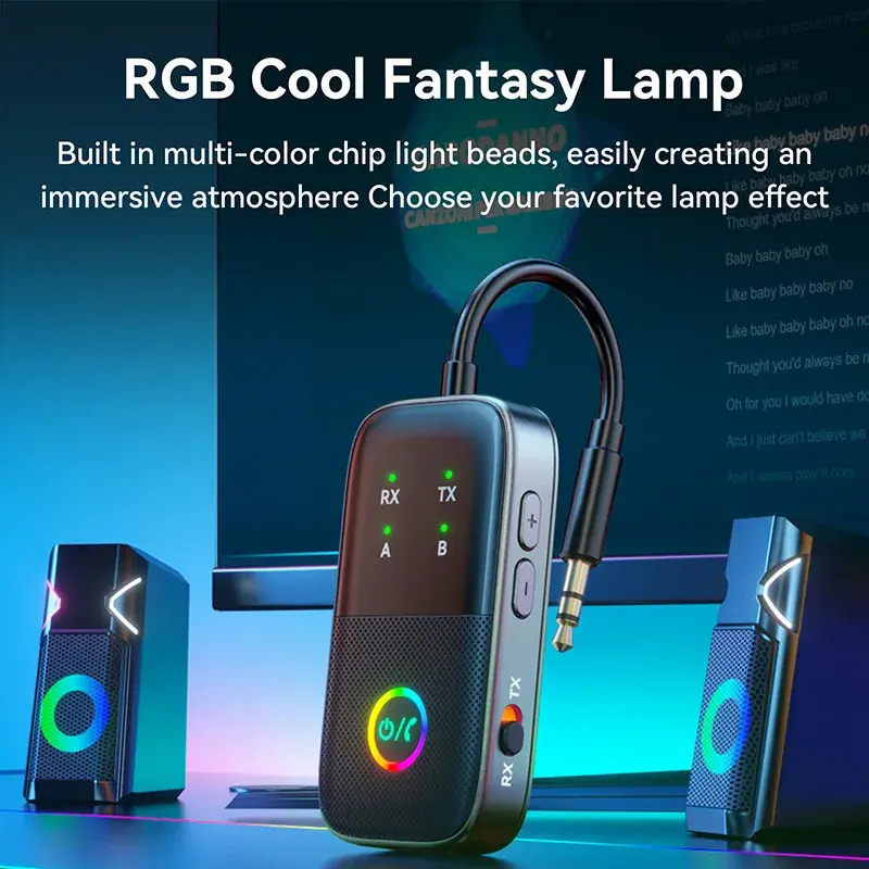 Bluetooth Transmitter Receiver 2-in-1 Wireless Adapter Dual Device Connection with RGB Effect For Car Headphones Amplifier