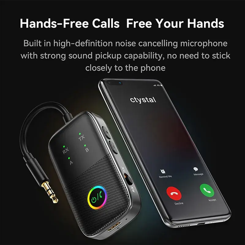 Bluetooth Transmitter Receiver 2-in-1 Wireless Adapter Dual Device Connection with RGB Effect For Car Headphones Amplifier