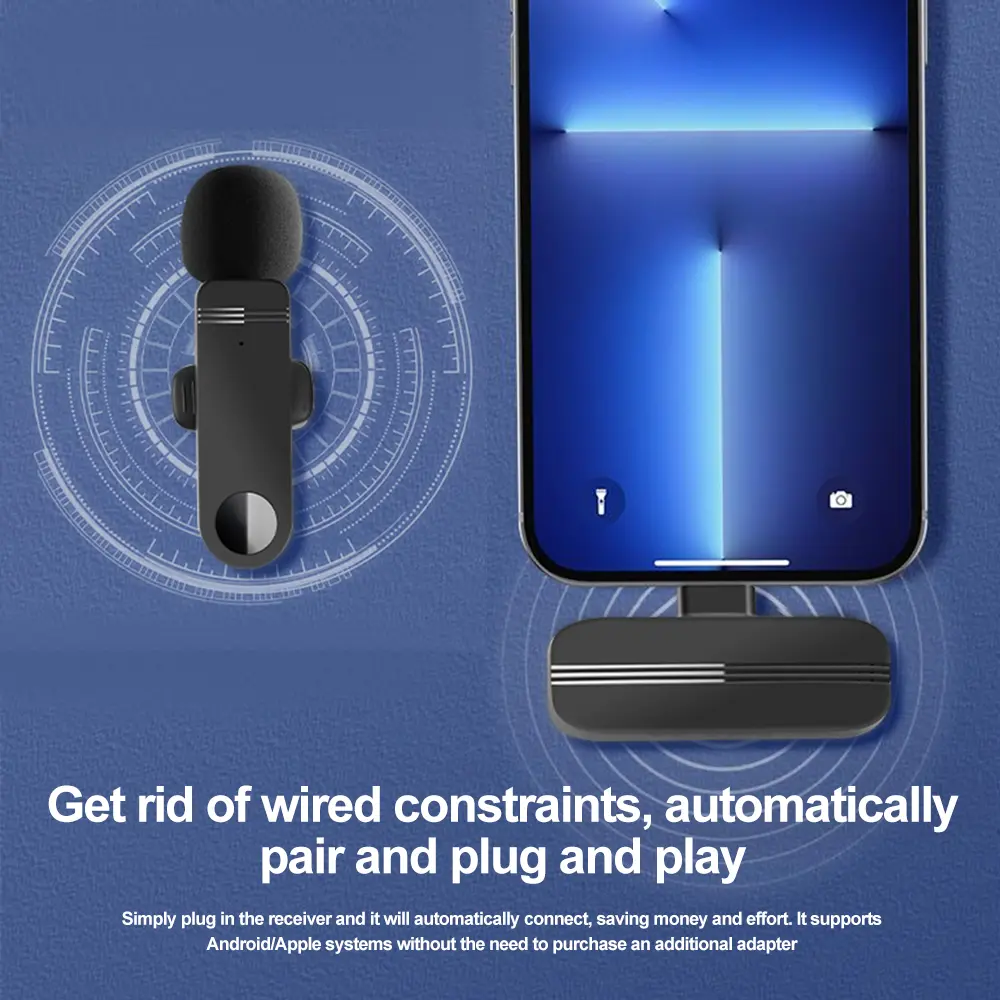 Wireless Lavalier Microphone Dynamic Microphone Audio Video Recording Mini Mic for iOS Android Live Broadcast Gaming Phone Mic