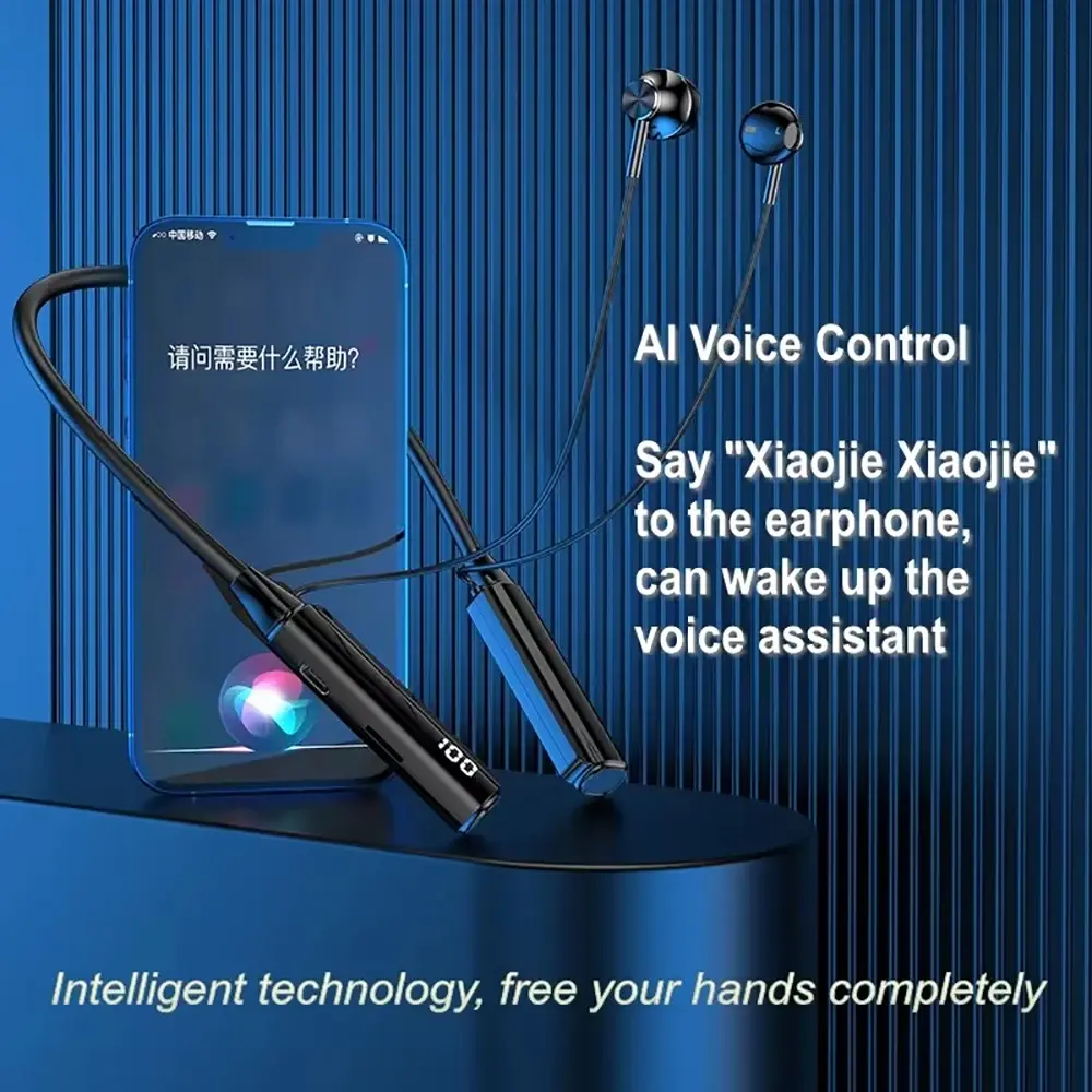 Bluetooth 5.3 Headphones Wireless Neckband Earphones HiFi Stereo Noise Reduction Headsets LED AI Assistant Waterproof Earbuds
