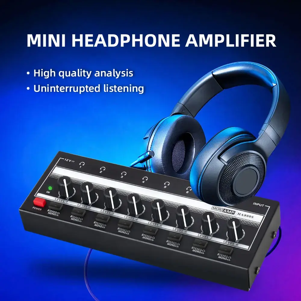 Headphone Amplifier 8 Channels Audio Amplifier with Stereo/Mono Switch Professional Ultra-Compact HiFi Stereo Mini Amplifier