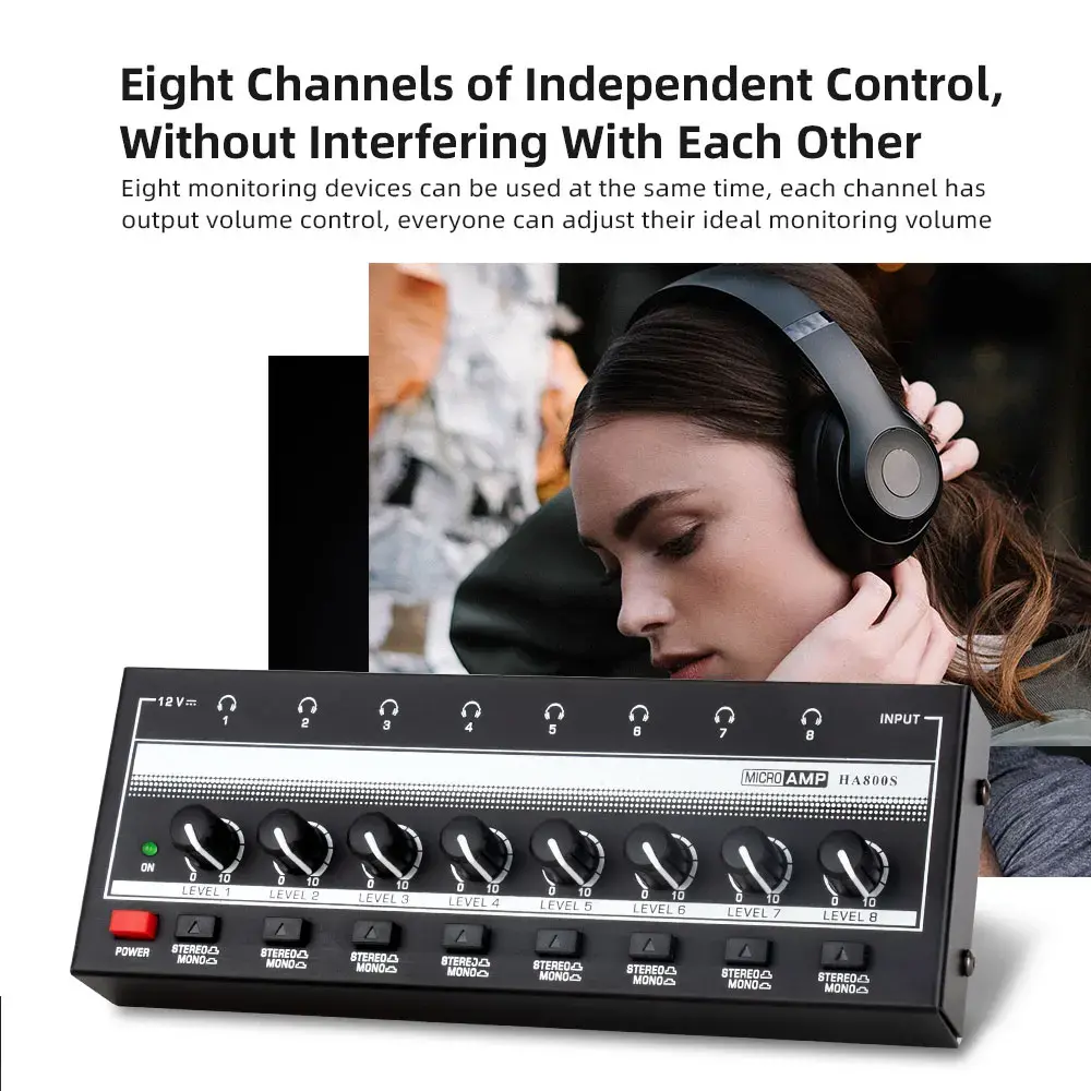 Headphone Amplifier 8 Channels Audio Amplifier with Stereo/Mono Switch Professional Ultra-Compact HiFi Stereo Mini Amplifier