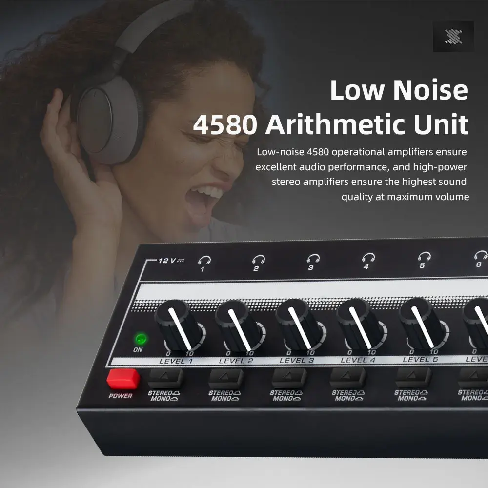 Headphone Amplifier 8 Channels Audio Amplifier with Stereo/Mono Switch Professional Ultra-Compact HiFi Stereo Mini Amplifier