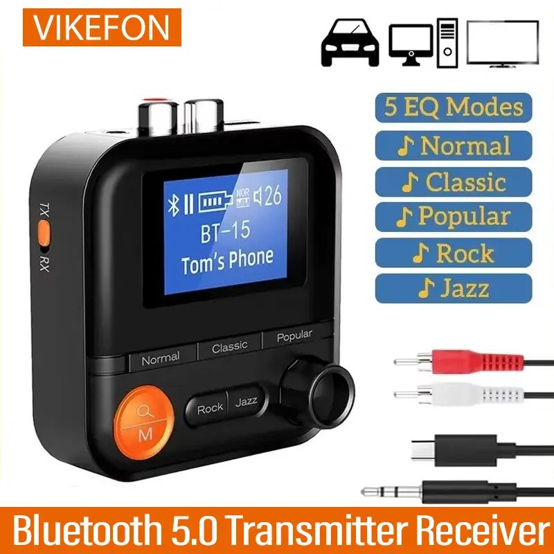 VIKEFON Wireless Bluetooth Transmitter Receiver 5 EQ Modes Audio Adapter 3.5MM AUX RCA TF With HD Display For PC TV Car Speakers