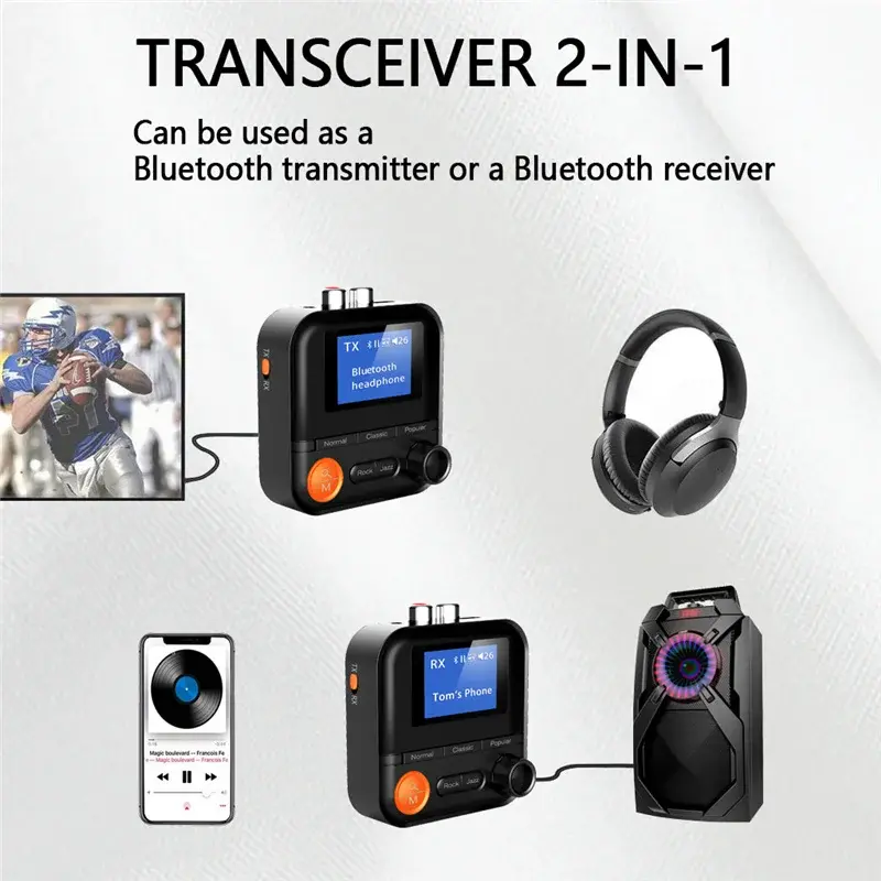 VIKEFON Wireless Bluetooth Transmitter Receiver 5 EQ Modes Audio Adapter 3.5MM AUX RCA TF With HD Display For PC TV Car Speakers