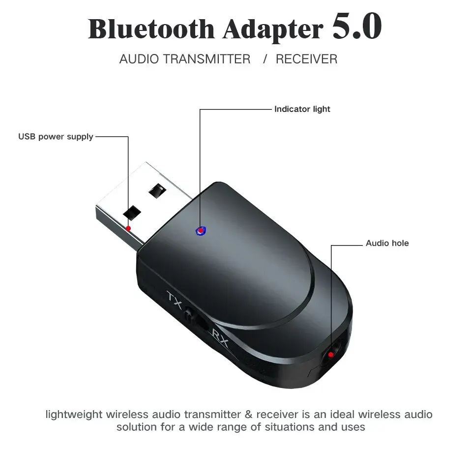 Bluetooth 5.0 Audio Receiver Transmitter 2 In 1 3.5mm Jack RCA AUX USB Stereo Wireless Adapter For Car Speaker TV PC Headphones