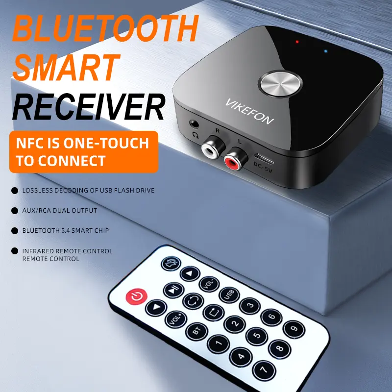 VIKEFON NFC Bluetooth 5.4 Audio Receiver 3.5mm AUX R/L RCA Stereo Lossless Music Wireless Adapter USB U-Disk Play Remote Control