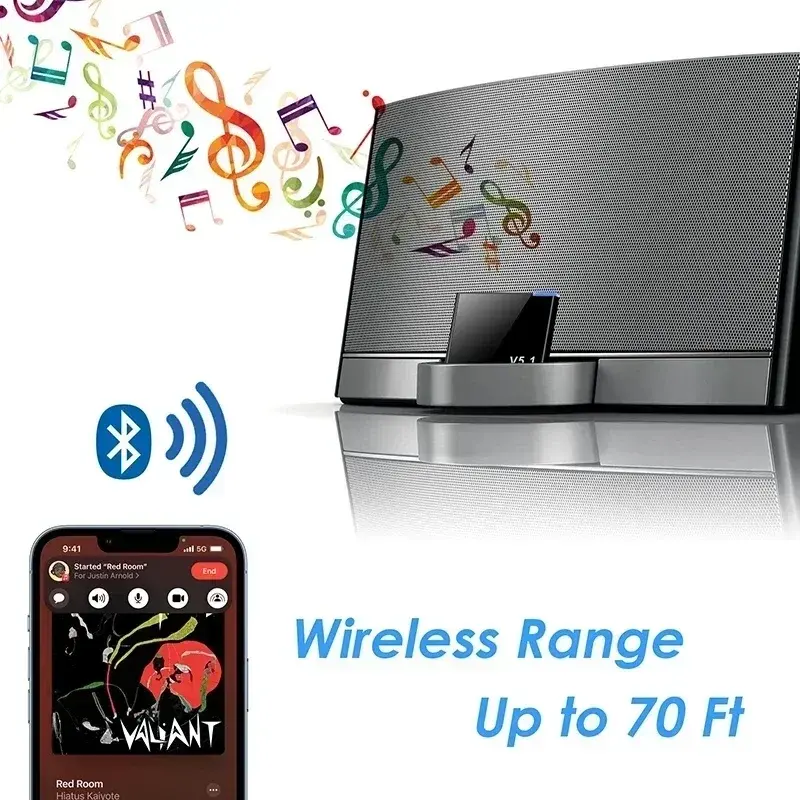 VIKEFON I-WAVE 30 Pin Bluetooth 5.1 Audio Receiver A2DP Music Mini Wireless Adapter For iPhone iPod 30Pin Jack Analog Speaker