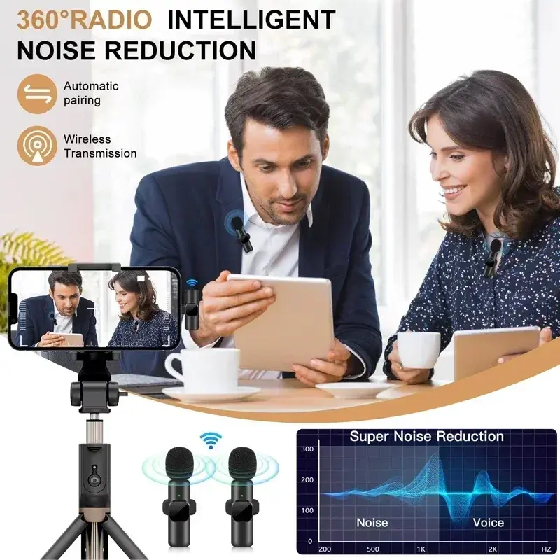Wireless Lapel Microphone System 1-Touch Recording Voice Activated Lavalier MIC for Live Streaming Recording Video Conferences