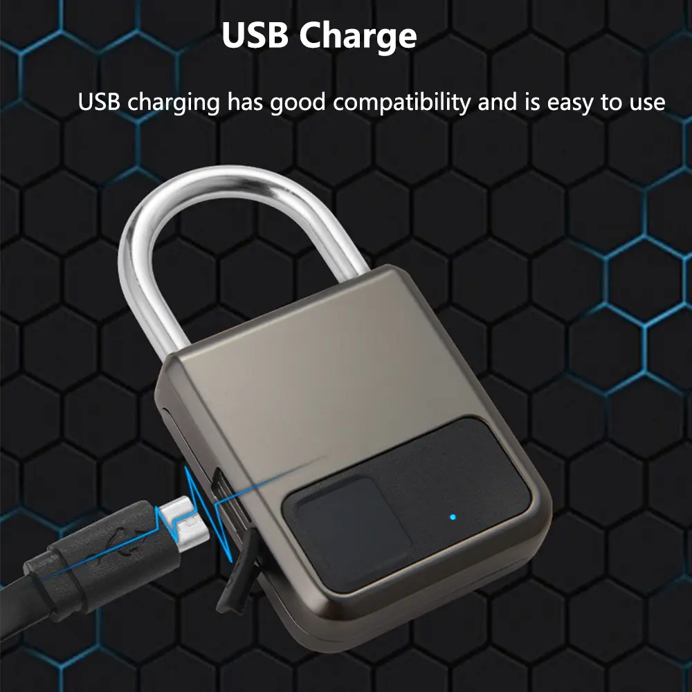Keyless USB Charging Door Lock Fingerprint Smart Padlock Quickly Unlock Zinc Alloy Metal Self-imaging Chip Fingerprints Lock