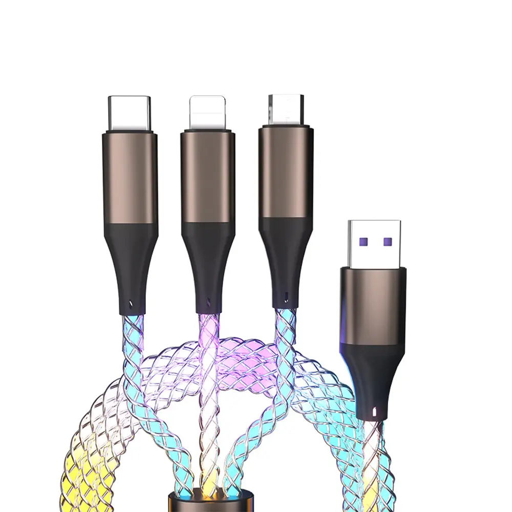 66W 3 In 1 Fast Charging Cable 6A Type C Micro USB Cable RGB Colorful Streamer Glowing Line USB Cable For iPhone Samsung Xiaomi