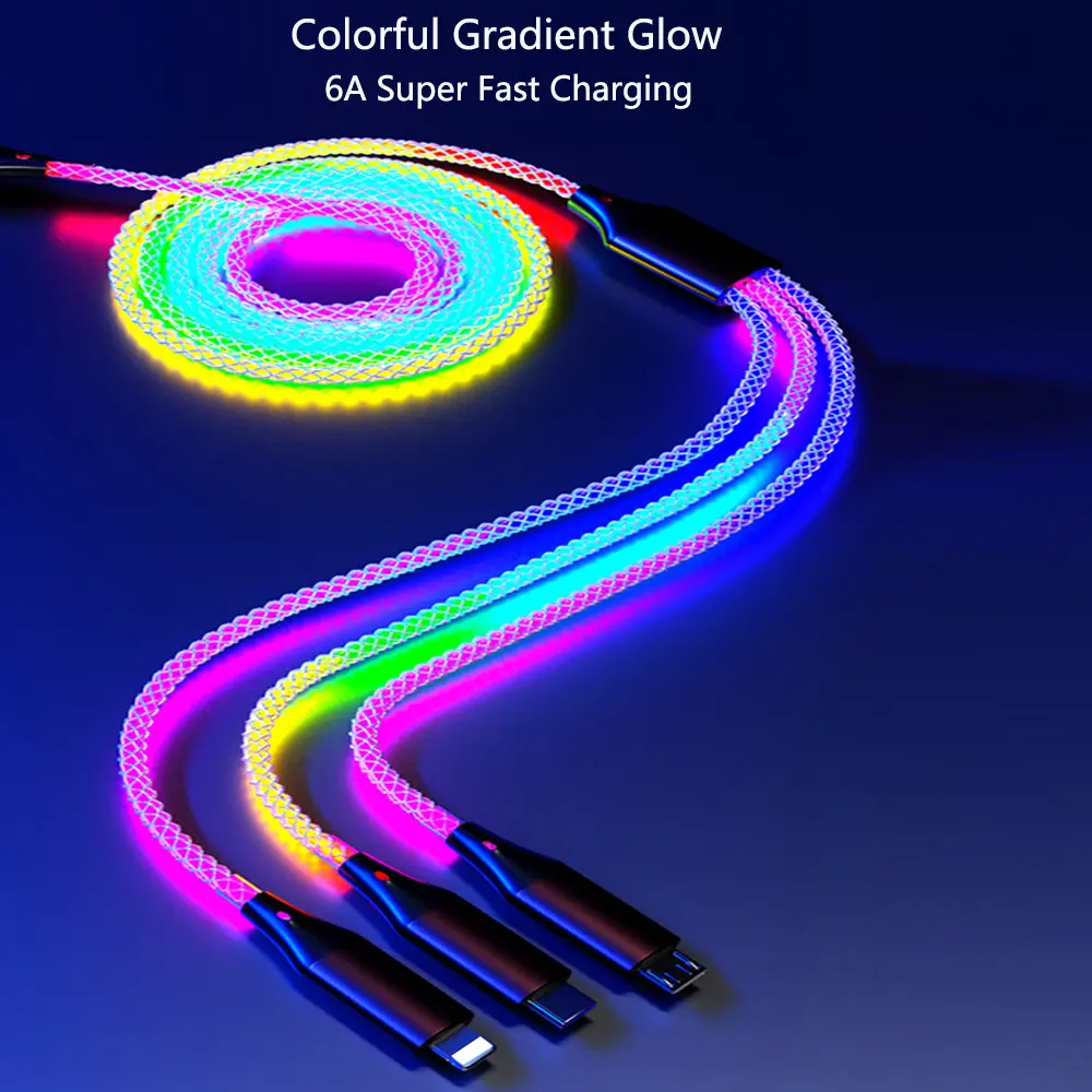 66W 3 In 1 Fast Charging Cable 6A Type C Micro USB Cable RGB Colorful Streamer Glowing Line USB Cable For iPhone Samsung Xiaomi