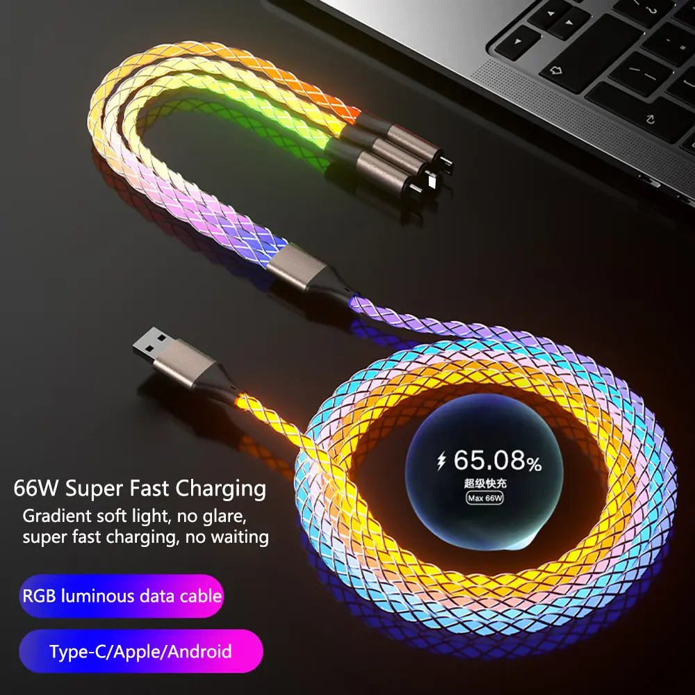 66W 3 In 1 Fast Charging Cable 6A Type C Micro USB Cable RGB Colorful Streamer Glowing Line USB Cable For iPhone Samsung Xiaomi