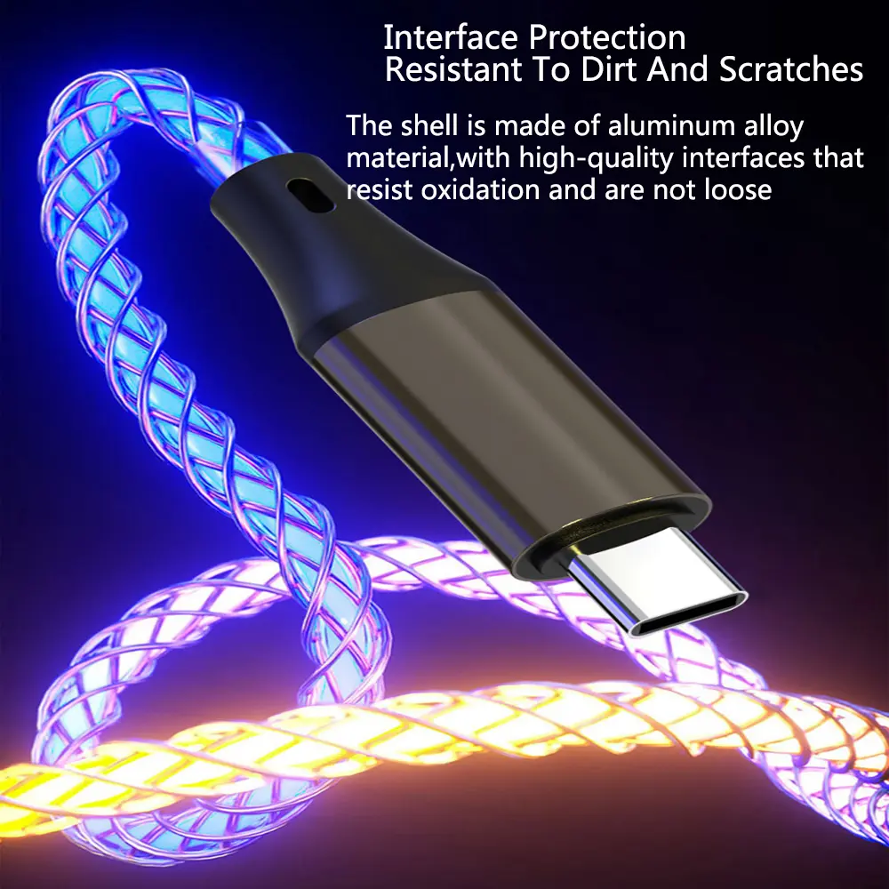 66W 3 In 1 Fast Charging Cable 6A Type C Micro USB Cable RGB Colorful Streamer Glowing Line USB Cable For iPhone Samsung Xiaomi