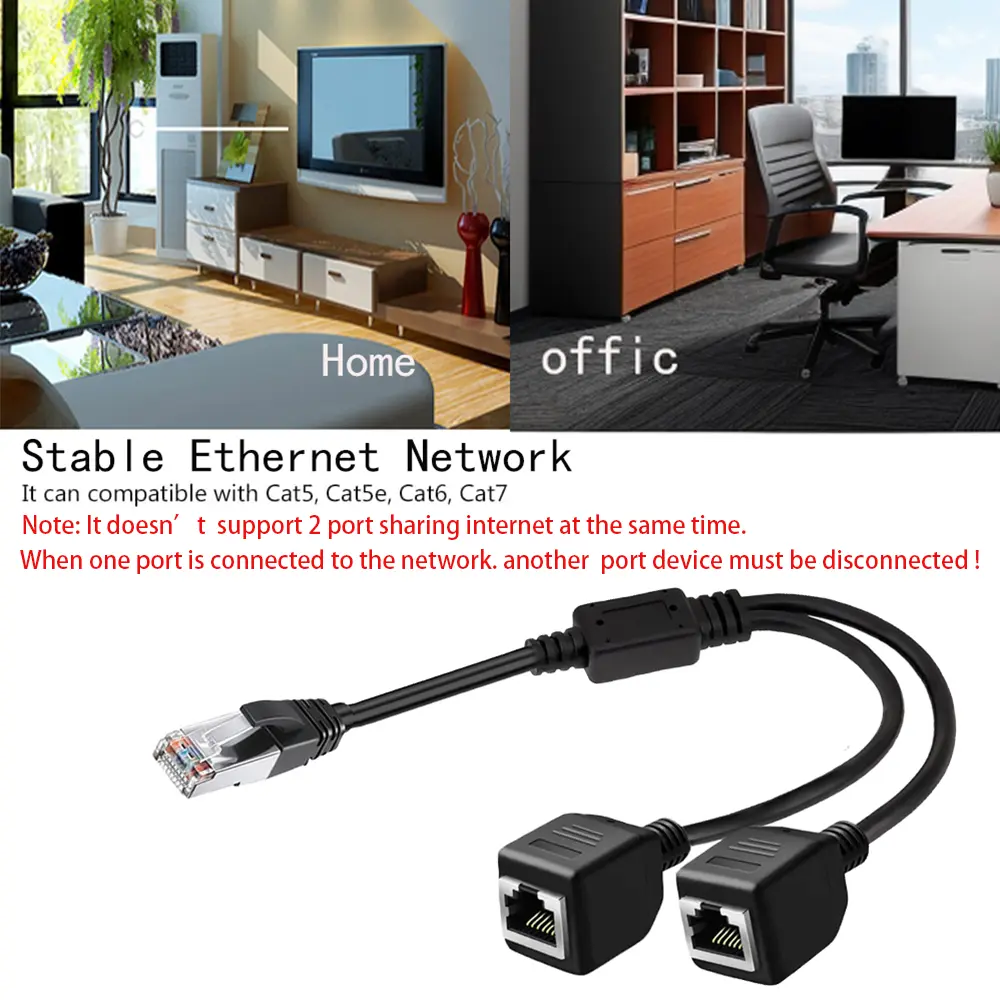 RJ45 Ethernet Splitter Adapter 1 Male to 2 Female LAN Network Splitter Support Cat7 Cat6 Internet Networking Extension Cord