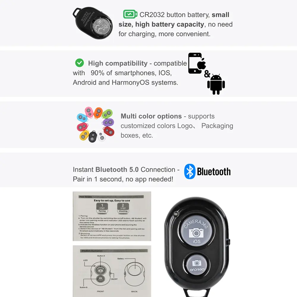 Wireless Remote Shutter Release Phone Tripod Stand Bluetooth Selfie Stick Remote Control Shutter Camera Controller