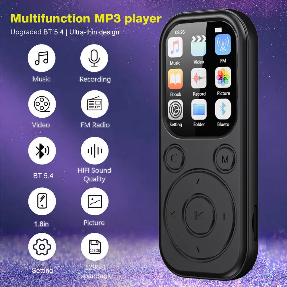 New 1.8 inches MP3 Bluetooth Player Bluetooth Video Playback Expandable Memory Card HiFi Music Player FM Recording E-Book