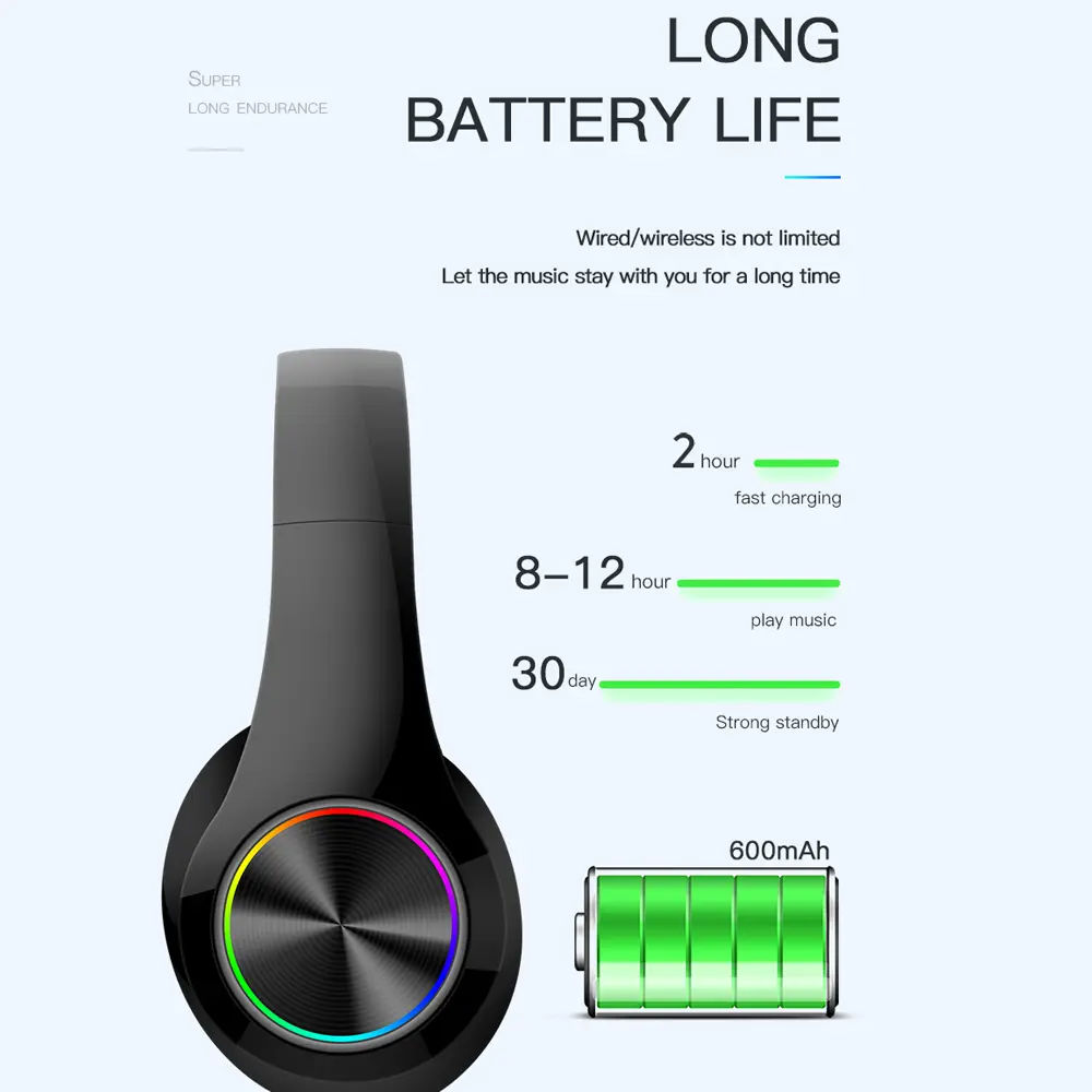 New Headphones Bluetooth Headsets Gamer Hifi Stereo Wireless Earphone Colourful Light Sport Headset for Phone PC Laptop Headset