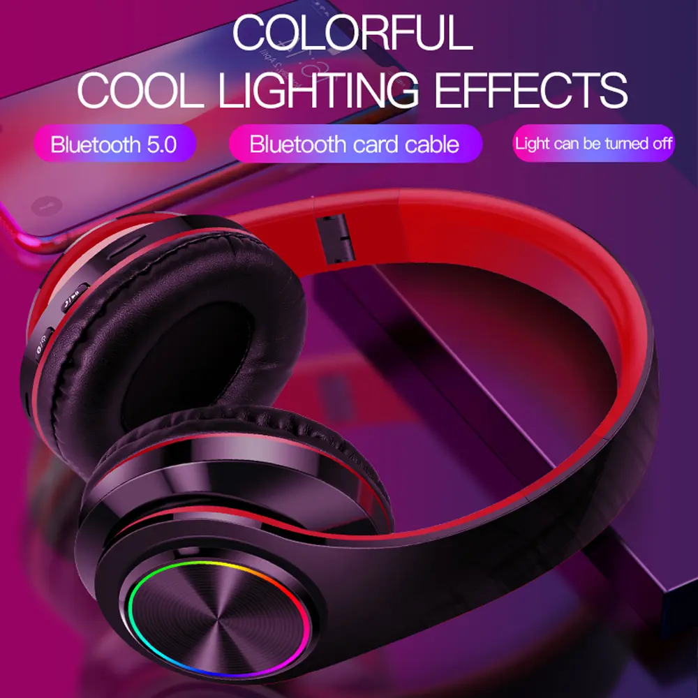 New Headphones Bluetooth Headsets Gamer Hifi Stereo Wireless Earphone Colourful Light Sport Headset for Phone PC Laptop Headset