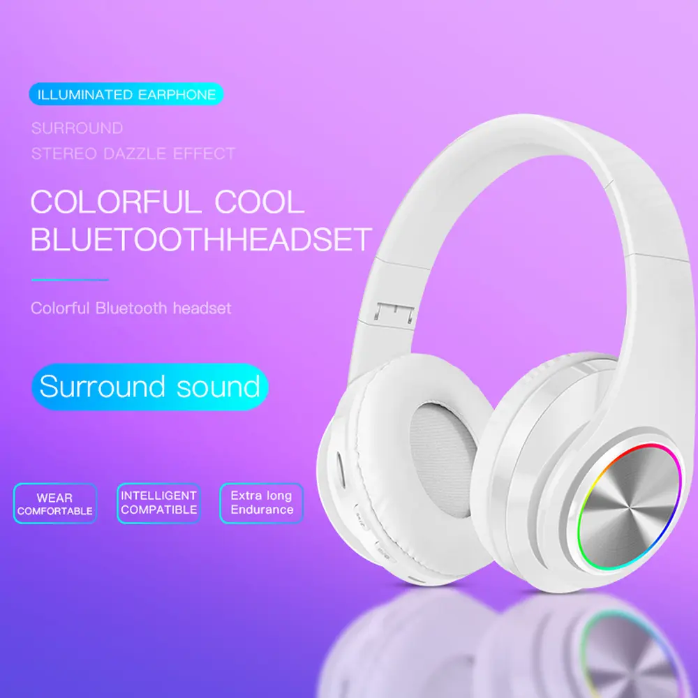 New Headphones Bluetooth Headsets Gamer Hifi Stereo Wireless Earphone Colourful Light Sport Headset for Phone PC Laptop Headset