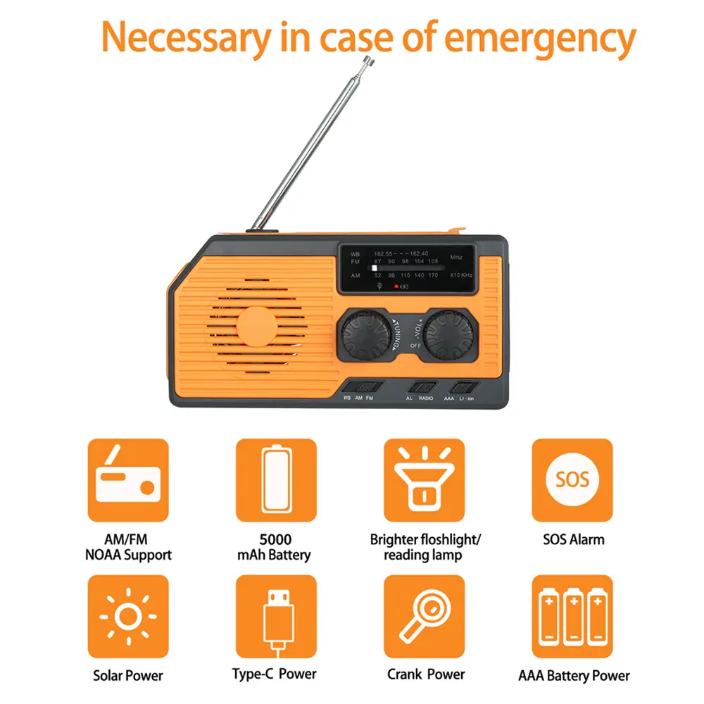 New Emergency Solar Power Radio Hand Crank Charging AM/FM/NOAA Weather Radio Led Reading Flashlight Bank Phone Charger 5000mAh