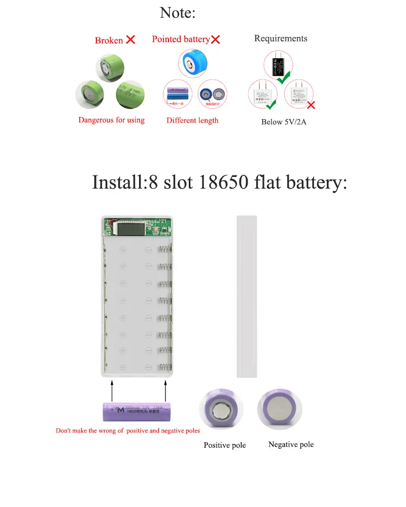 8x18650 Flashlight Battery Charger Box Power Bank Holder DIY Shell Case Dual USB 18650 Battery Shell Storage Organize