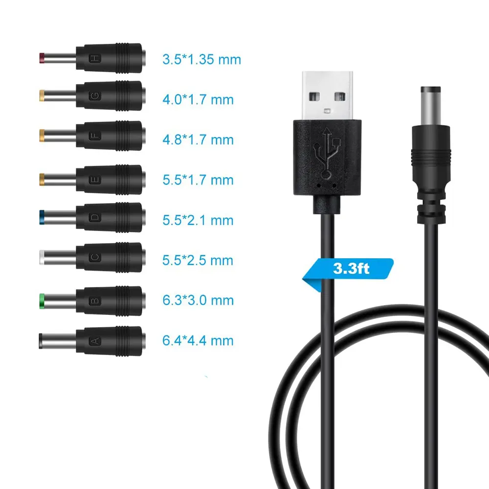 USB To 5.5*2.1 Charging Cable 8in1 DC Charging Power Cord Multifunctional DC Interchangeable Plug Male to Male Cable