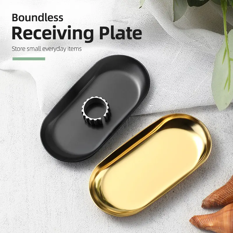 Stainless Steel Manicure Jewelry Storage Tray Metal Cosmetic Storage Oval Cake Fruit Dessert Tray Snack Plate Kitchen Organizer