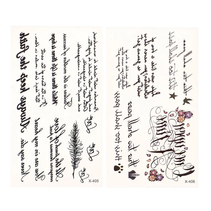 1 Sheet English Word Temporary Tattoo Sticker Waterproof Long Lasting Realistic Transfer English Letters Feather Body Art