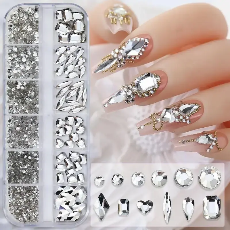 12Grids Nail Rhinestones Luxury Nail Charms Glitter Crystal Jewelry Gems Nail Art Decoration DIY Manicure Rhinestones