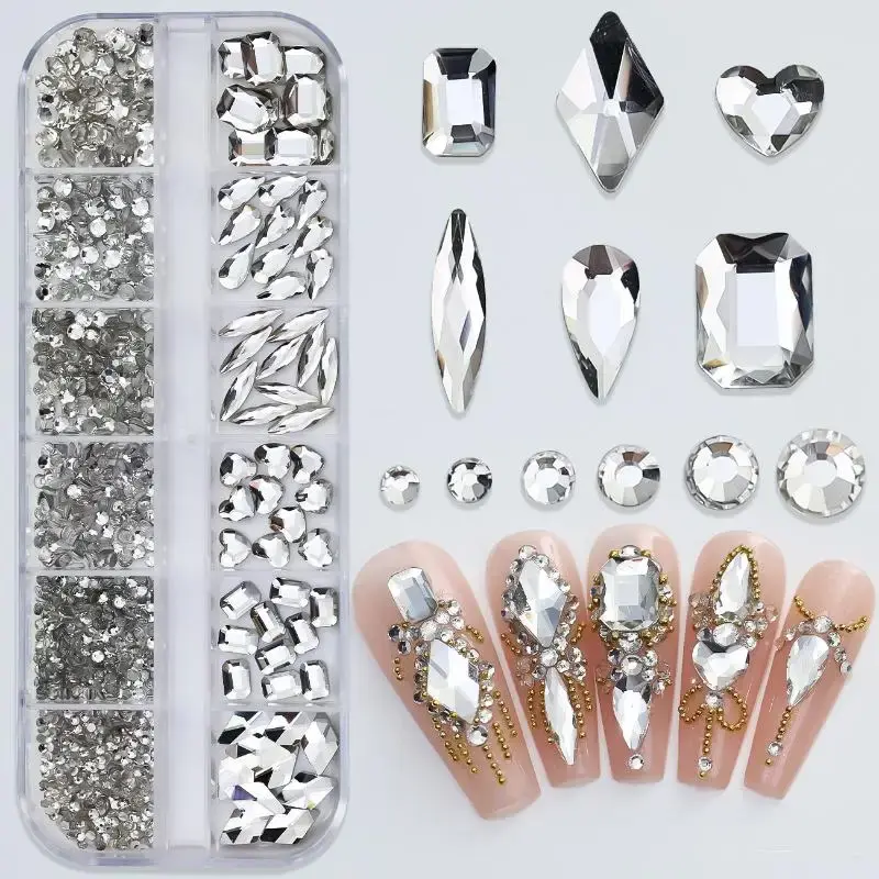 12Grids Nail Rhinestones Luxury Nail Charms Glitter Crystal Jewelry Gems Nail Art Decoration DIY Manicure Rhinestones