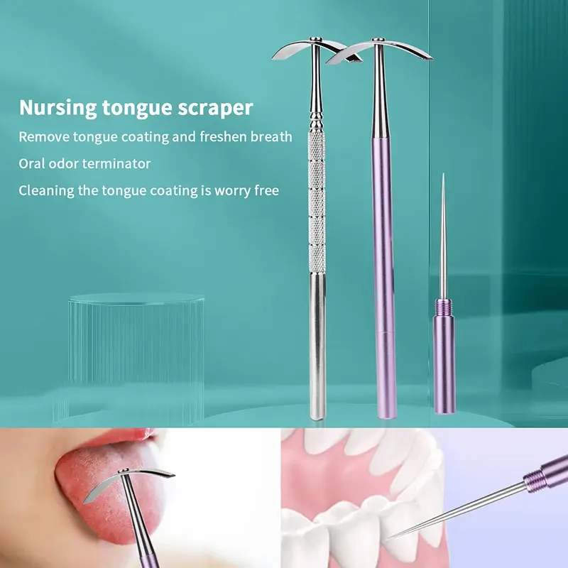 Premium Stainless Steel Tongue Scraper Cleaner For Adults & Kids Portable Stainless Steel Tongue Scrapers With Hidden Toothpick