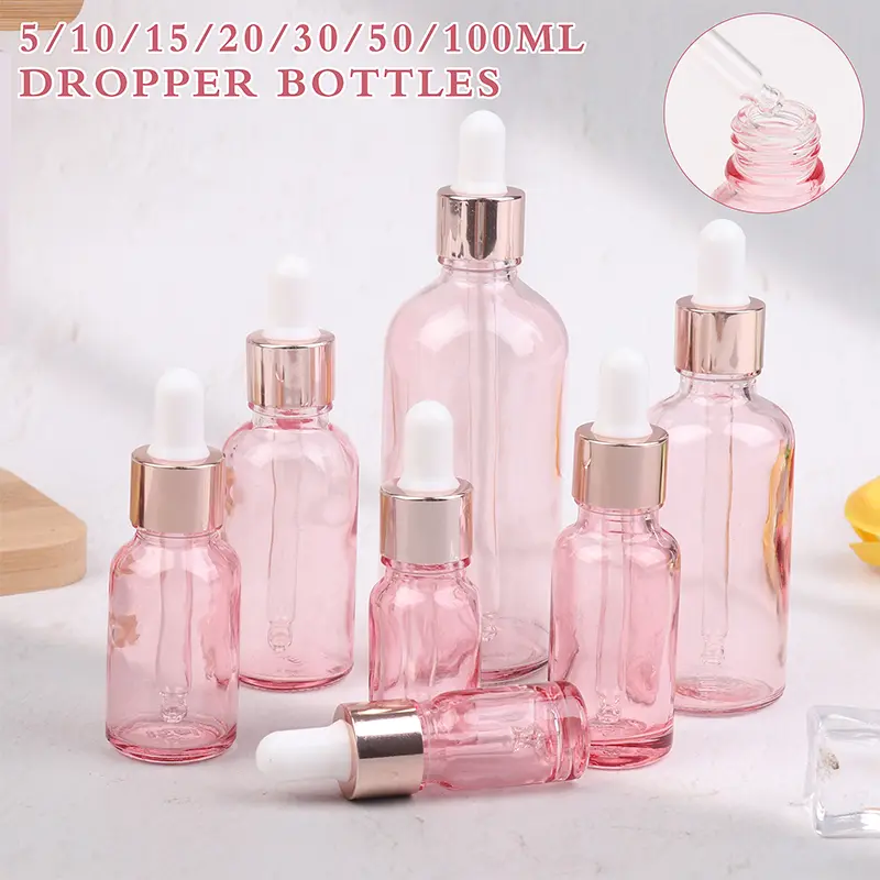 Dropper Bottles Refillable 5-100ML Rose Lid Cosmetic Container Pink Glass Aromatherapy Liquid for Essential Massage Oil Pipette