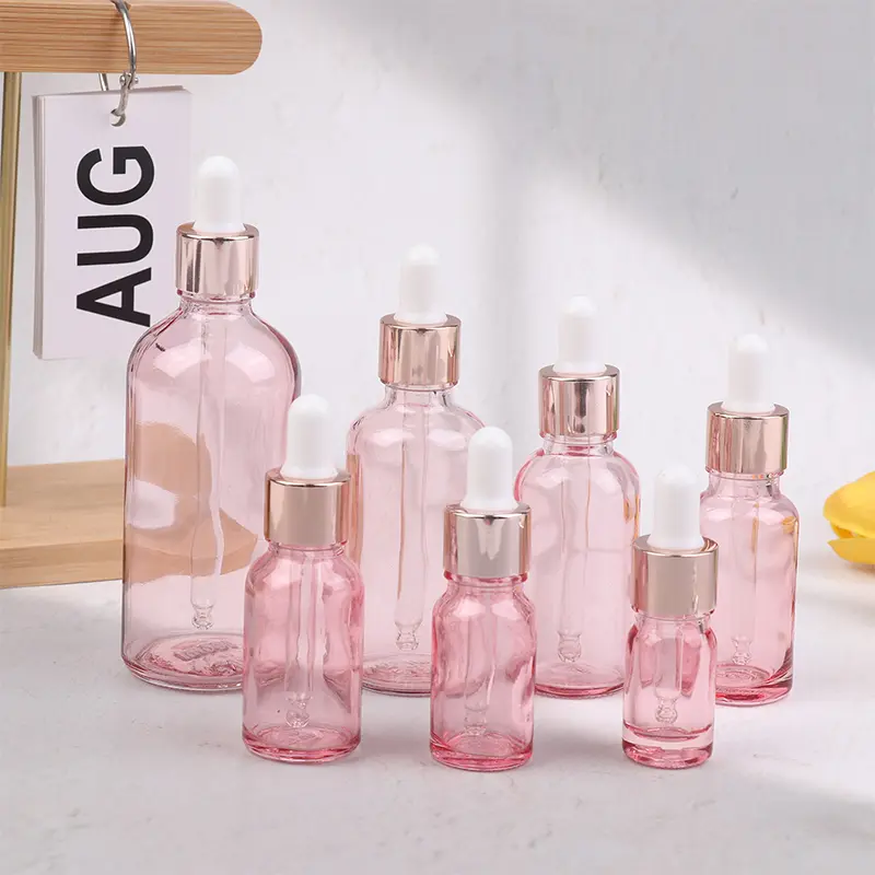Dropper Bottles Refillable 5-100ML Rose Lid Cosmetic Container Pink Glass Aromatherapy Liquid for Essential Massage Oil Pipette