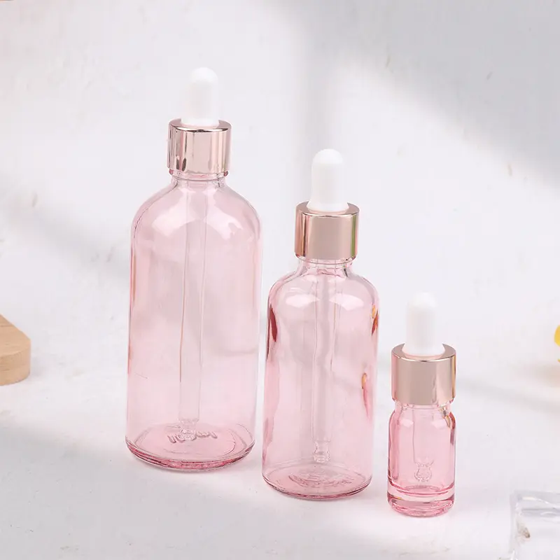 Dropper Bottles Refillable 5-100ML Rose Lid Cosmetic Container Pink Glass Aromatherapy Liquid for Essential Massage Oil Pipette